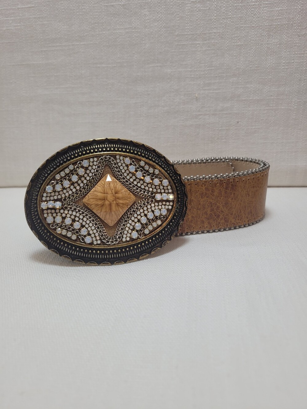 Leatherock Women’s Western Brown Leather Belt with Ornate Rhinestone Buckle 34